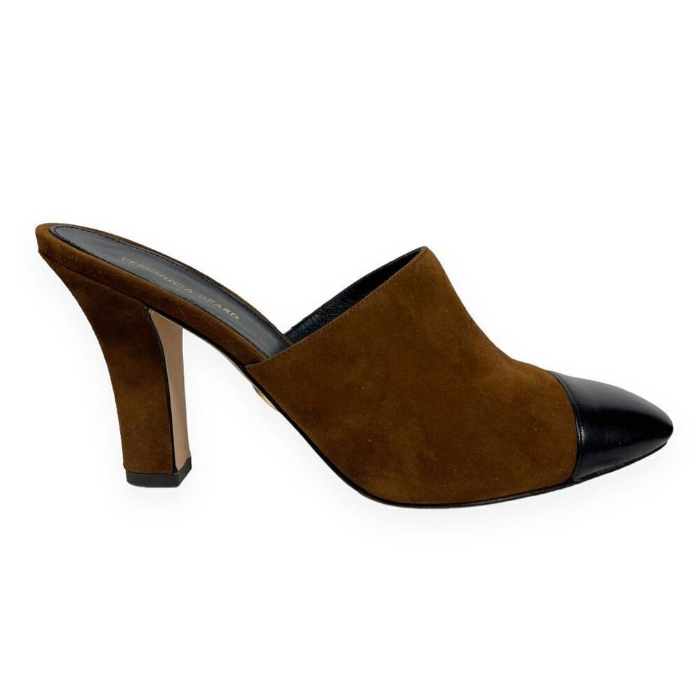 Veronica Beard Carlotta Toe Suede Mules Mixed Media Heel Camel Black Size 9 - Picture 4 of 8